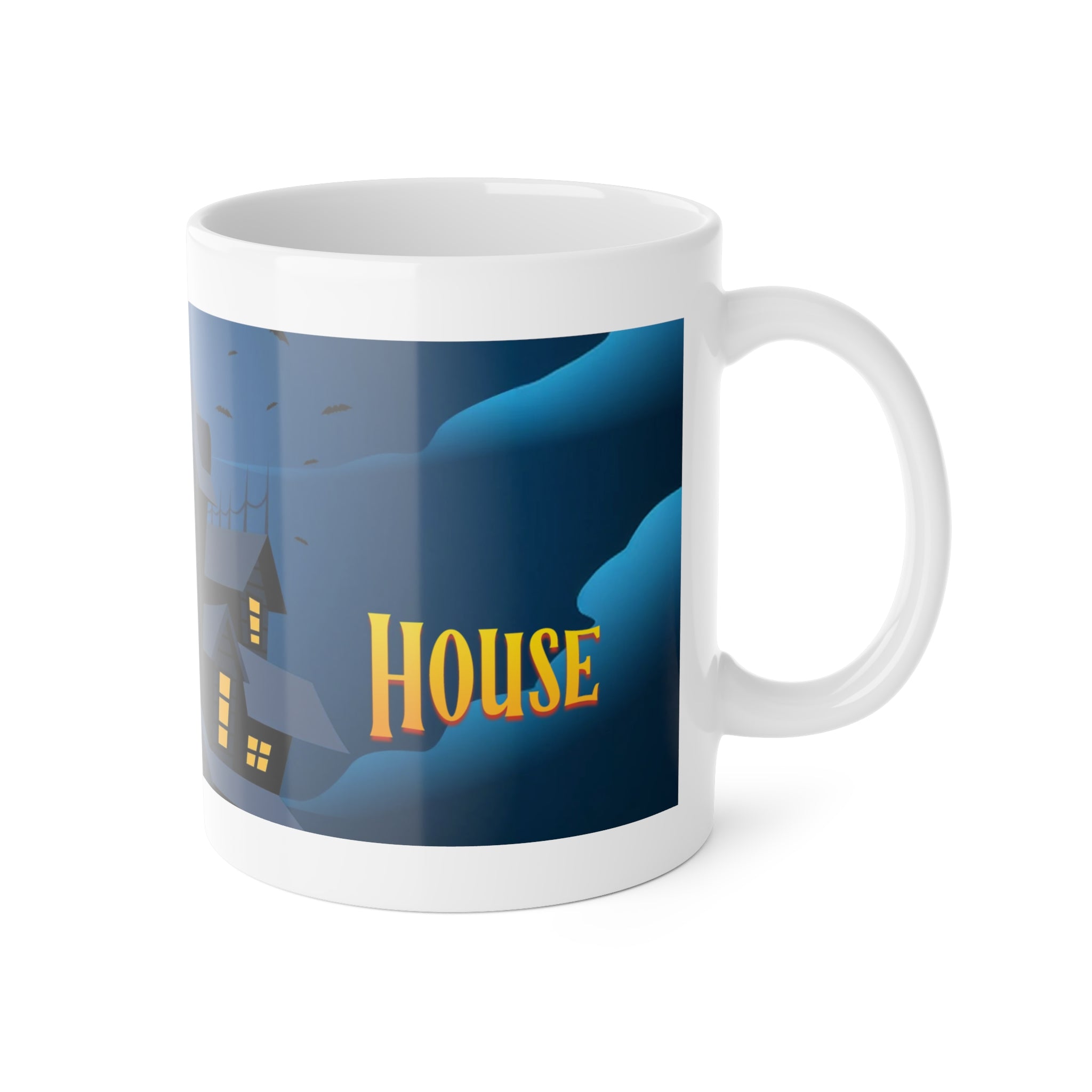 Haunted House Under Full Moon | Halloween Night with Bats | White Ceramic Mug